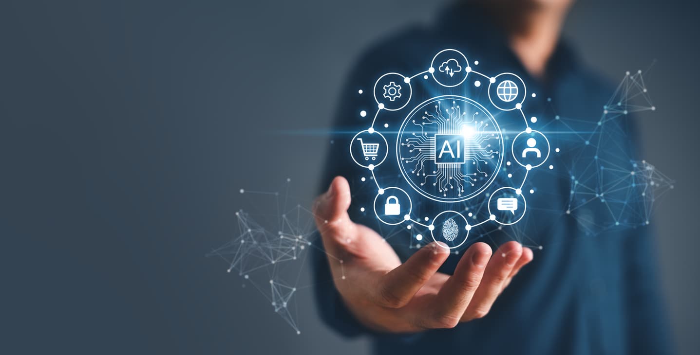 Artificial intelligence and Automated machine learning language blue digital user interface with businessman hand background